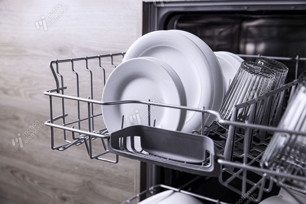 Open dishwasher upper deck with clean utensil, glasses, dishes at